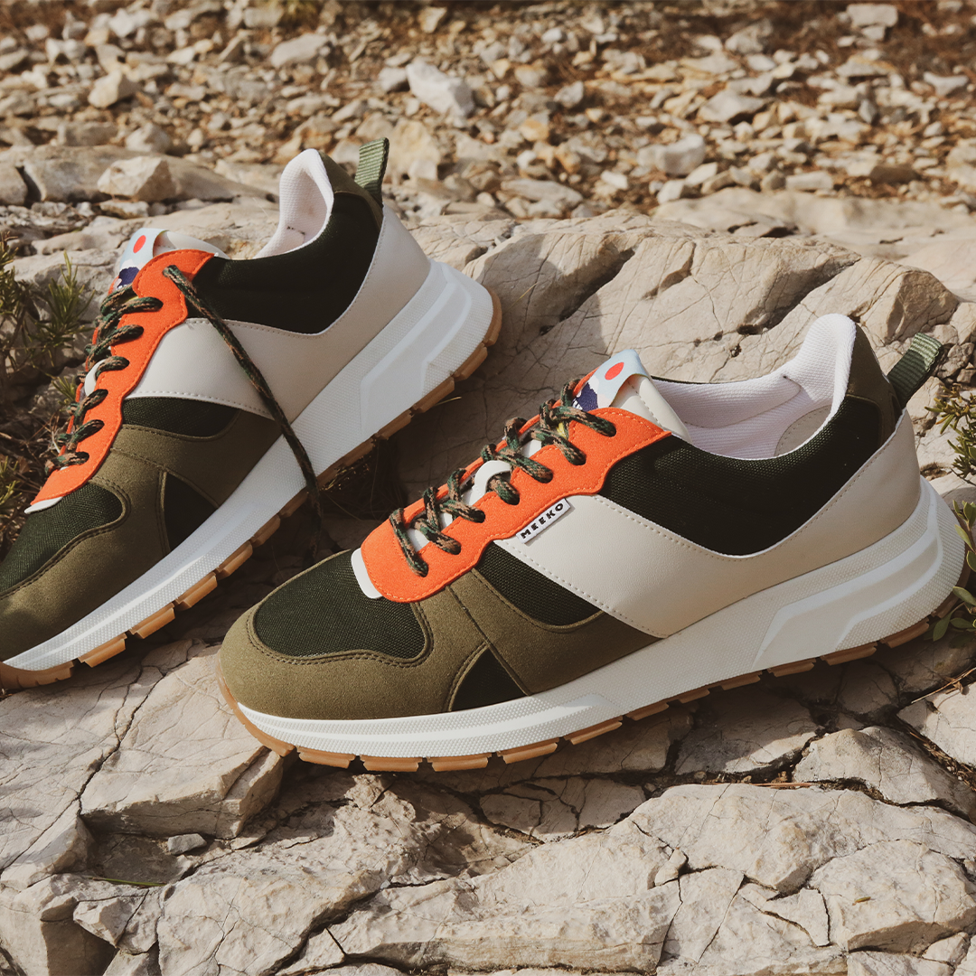COCO PONGO CORDURA® - Jungle nachhaltige und verantwortungsvolle Outdoor-Sneaker, Beige-Khaki, Grün und Orange, technische Schnürsenkel, weiße und braune Sohlen