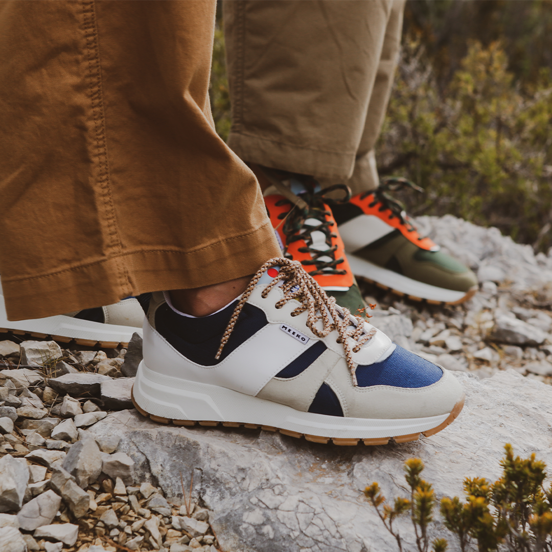COCO PONGO CORDURA® - OCEAN nachhaltige und verantwortungsvolle Outdoor-Sneaker, Beige, Blau und Weiß, technische Schnürsenkel, weiße und braune Sohlen