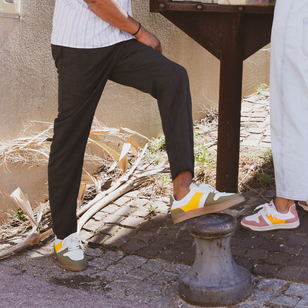 KIBOKO CORDURA®- JUNGLE -  baskets urban durables et responsables,kaki, jaune, beige et blanches lacets blancs semelle marron