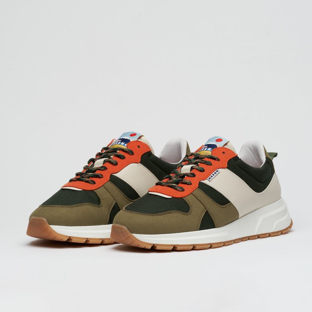 COCO PONGO CORDURA® - Jungle baskets outdoor durables et responsables, beige kaki, vert et orange lacets techniques semelles blanche et marron
