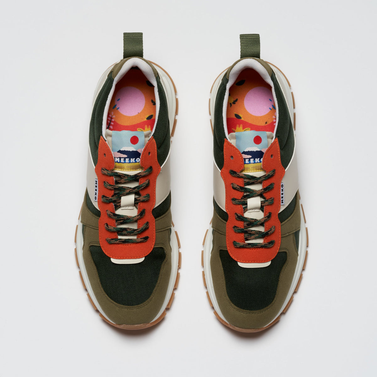 COCO PONGO CORDURA® - Jungle nachhaltige und verantwortungsvolle Outdoor-Sneaker, Beige-Khaki, Grün und Orange, technische Schnürsenkel, weiße und braune Sohlen