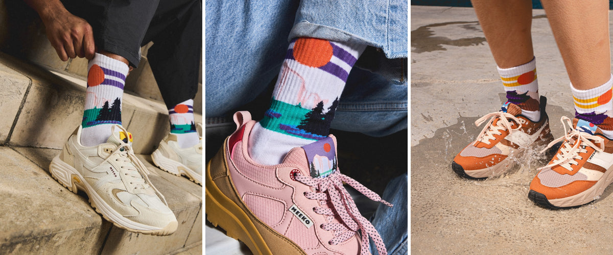 Chaussettes illustrées MEEKO portées avec des baskets MEEKO
